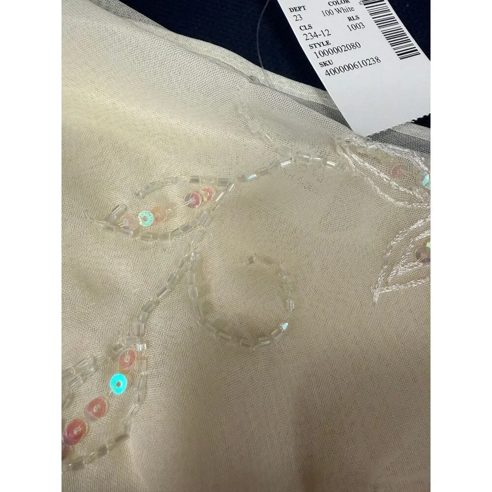 NWT Deb White Embroidered Sequin Fringe Triangle Scarf OS